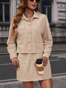 SHEIN LUNE Drop Shoulder Flap Pocket Jacket & Skirt - Khaki - View 3