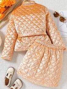 SHEIN 青少年女孩翻盖口袋绗缝腰带夹棉外套和裙子 - 杏色 - 查看 2