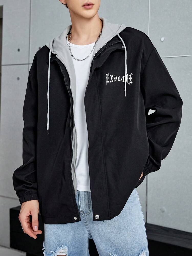 Loose-Fit Men's Letter Graphic Zipper Closure Drawstring Hooded Jacket