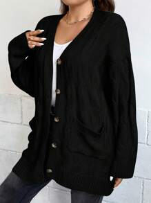 SHEIN Clasi Plus Drop Shoulder Pocket Patched Cardigan, For Winter Fall