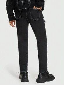 ROMWE MEN ROMWE Avant 男士交叉補丁貼撞色牛仔褲 - 深灰色 - 查看 2