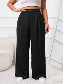 SHEIN PETITE CURVE Plus Size Solid Color Front Button Simple Casual Suit Pants Graduation,Back To School,Teacher Outfits For Women,Suitable For Daily Wear And Commuting In Fall/Winter