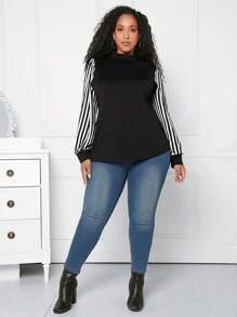 SHEIN CURVE+ 大碼條紋印花小高領上衣 - 黑與白 - 查看 6