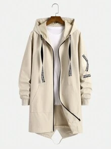 Manfinity Homme 男士寬鬆款字母圖案拉鍊閉合帶束帽風衣（不含襯衫） - 杏色 - 查看 3