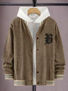 Manfinity LEGND Men Houndstooth & Letter Graphic Striped Trim Drop Shoulder Overcoat Without Hoodie - Apricot - View 1