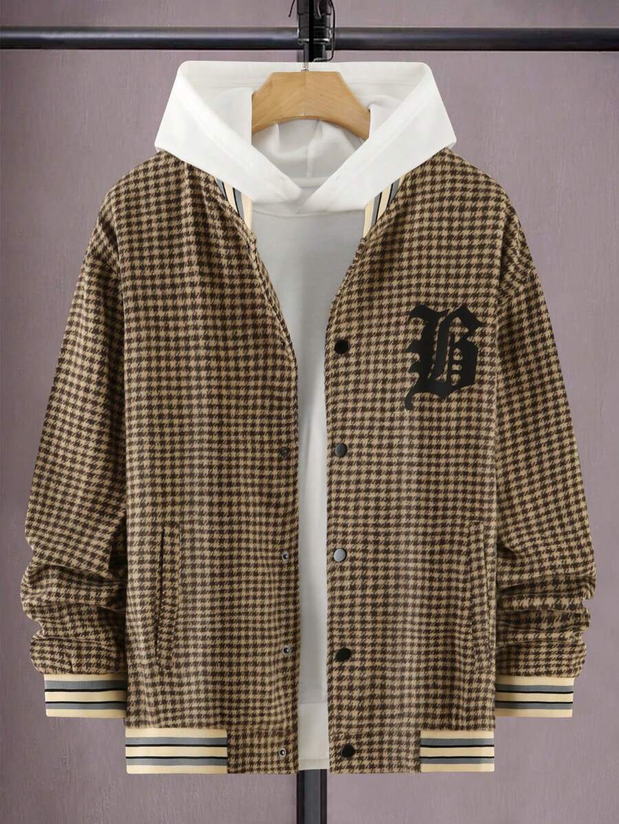 Manfinity LEGND Men Houndstooth & Letter Graphic Striped Trim Drop Shoulder Overcoat Without Hoodie - Apricot - View 1