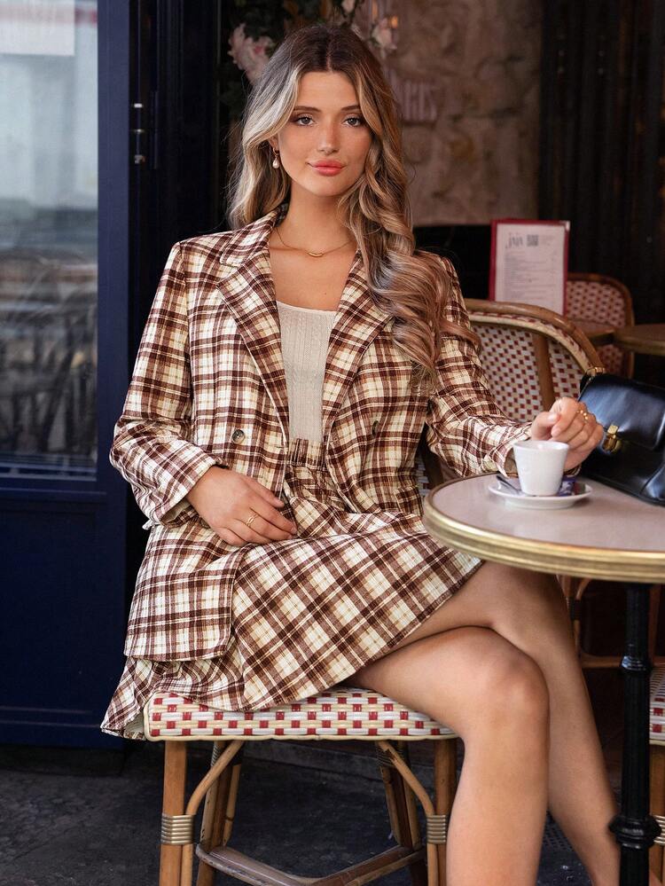 Plaid Print Shawl Collar Blazer Casual Check