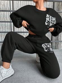SHEIN PETITE Slogan Grafik Nedhasade aclar Sweatshirt & Mjukisbyxor - Svart - Visa 6