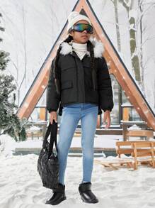 SHEIN Tween Girl's Woven Patch Pocket Hand-Stuffed Thickened Hooded Jacket,In Fall/Winter