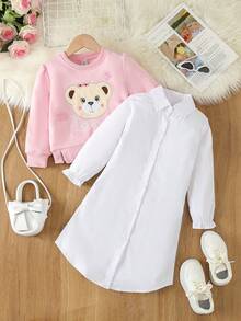 SHEIN 女小童熊&字母刺繡下擺開叉套頭衫和襯衫洋裝 - 彩色 - 查看 4