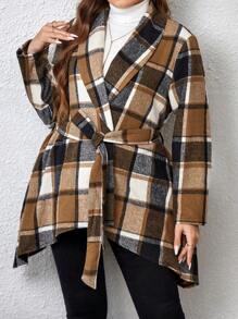 EMERY ROSE Plus Plaid Print Asymmetrical Hem Belted Overcoat - Multicolor - View 3