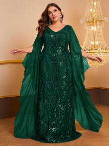 YISIKADO Plus Split Sleeve Sequin Formal Dress - Dark Green - View 1