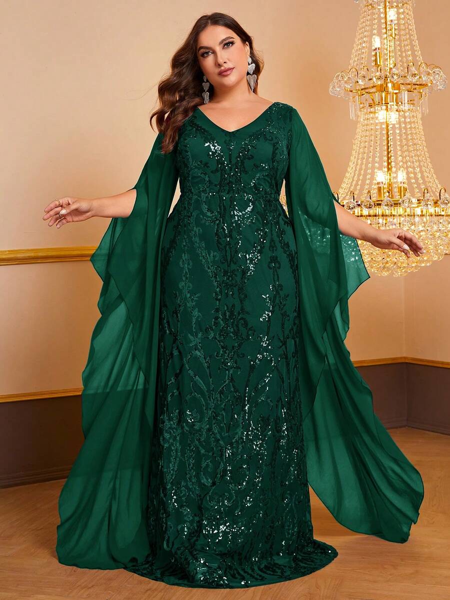 YISIKADO Plus Split Sleeve Sequin Formal Dress - Dark Green - View 1