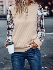 SHEIN LUNE In kẻ sọc Ống tay áo Áo nỉ - Màu Khaki - Xem 1