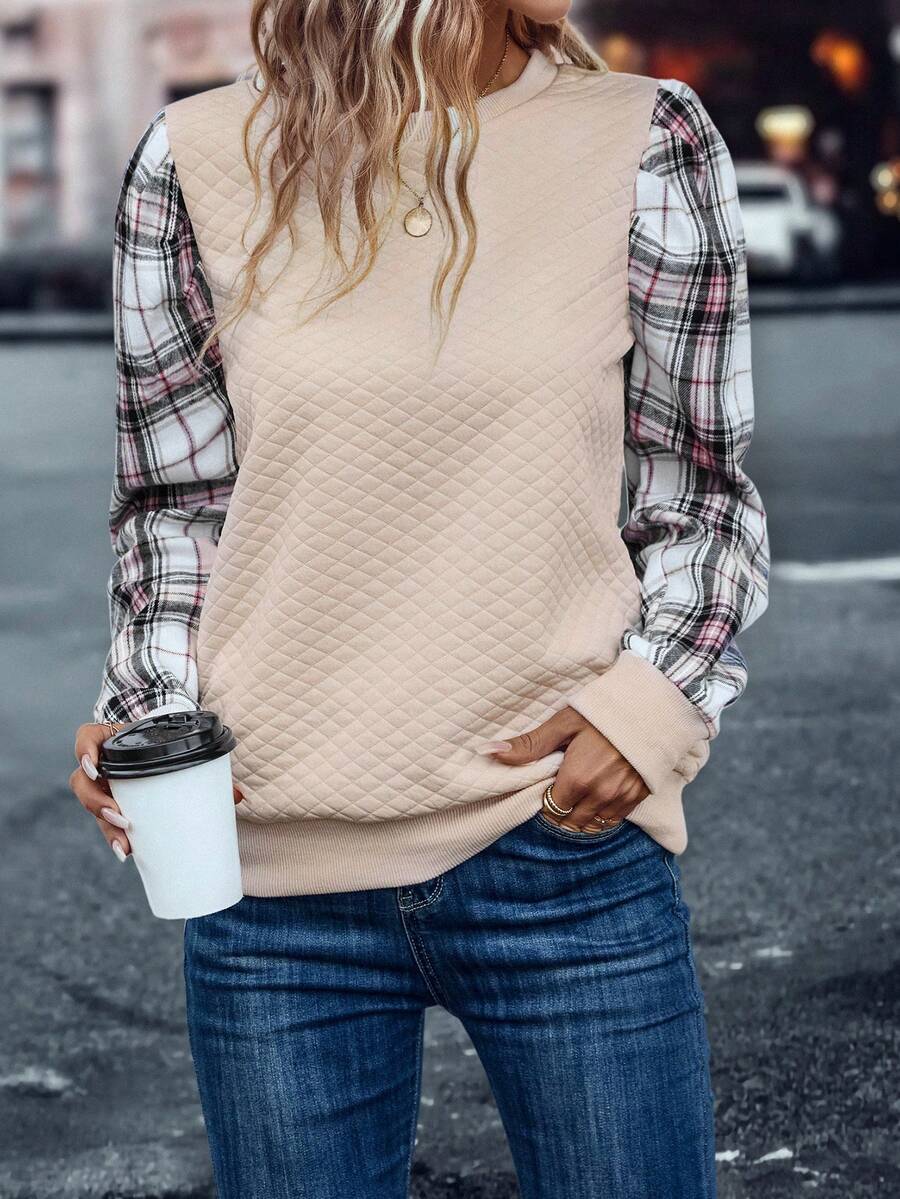 SHEIN LUNE In kẻ sọc Ống tay áo Áo nỉ - Màu Khaki - Xem 1