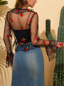 Soleia Floral Embroidery Flare Sleeve Knot Front Blouse Without Bra - Black - View 2