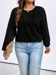 SHEIN LUNE Plus Eyelet Embroidery Lantern Sleeve Tee - Black - View 4