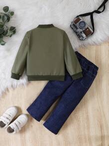 Young Boy Letter Patched Detail Thermal Lined Hooded Jacket & Jeans - Army Green - View 2