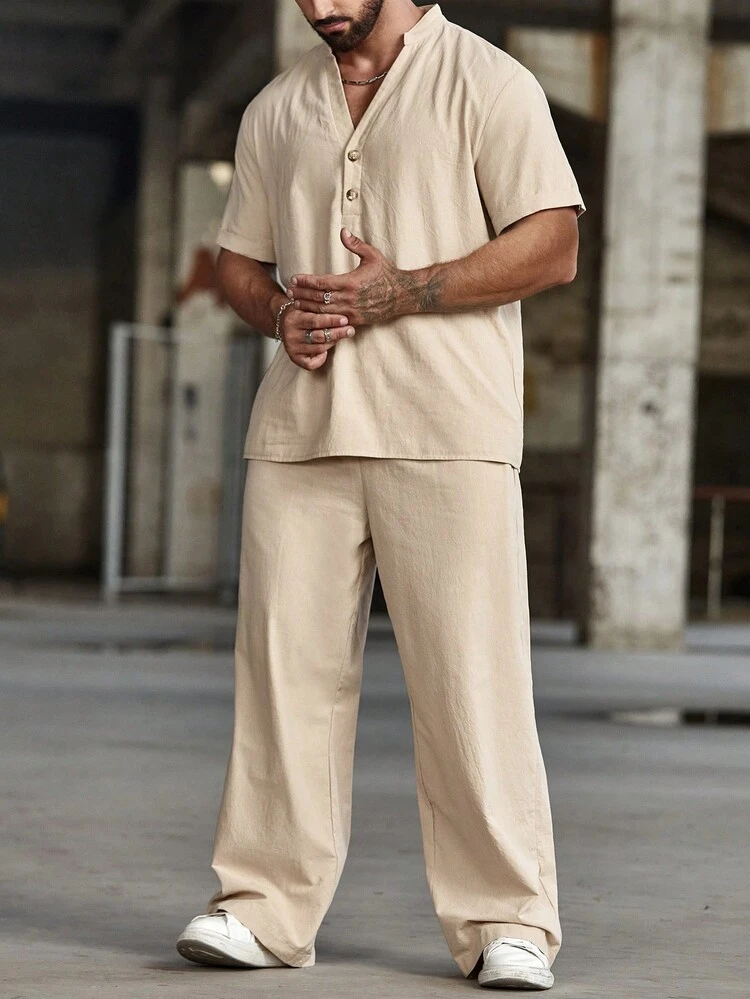 Manfinity Homme Men's Loose Fit Solid Color Shirt With Half Button Closure And Pants - Khaki - View 5