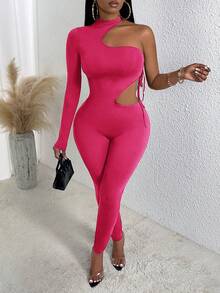 Slaydiva 單肩鏤空側抽繩彈力緊身連體褲 - 玫紅色 - 查看 4