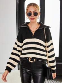 GENKIRA Jersey con patrón de rayas con cremallera media de hombros caídos - Blanco y Negro - Ver 3