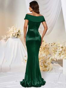 MUXXN Off Shoulder Mermaid Hem Satin Formal Dress, Elegant Prom Evening Wedding Guest Gown, For Graduation, Dinner - Dark Green - View 2