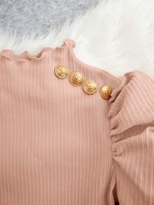 SHEIN Tween Girl Mock Neck Gigot Sleeve Tee & Gingham Print Pants & Hat - Baby Pink - View 3