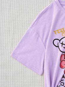 SHEIN Tween Girl Slogan Graphic Drop Shoulder Tee & Biker Shorts