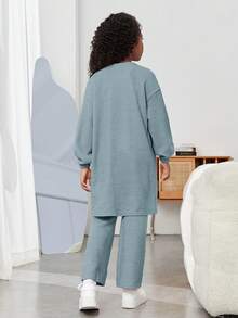 SHEIN Tween Girl Solid Drop Shoulder Coat & Tank Top & Pants - Baby Blue - View 2