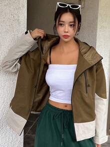 DAZY 撞色拉鏈開襟抽繩連帽夾克 - 棕色 - 查看 4