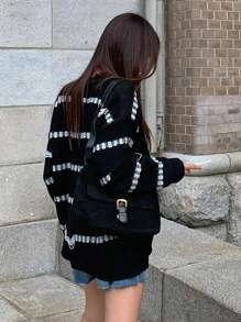 DAZY Striped Pattern Drop Shoulder Sweater,Fall Women Clothes - Black and White - View 6