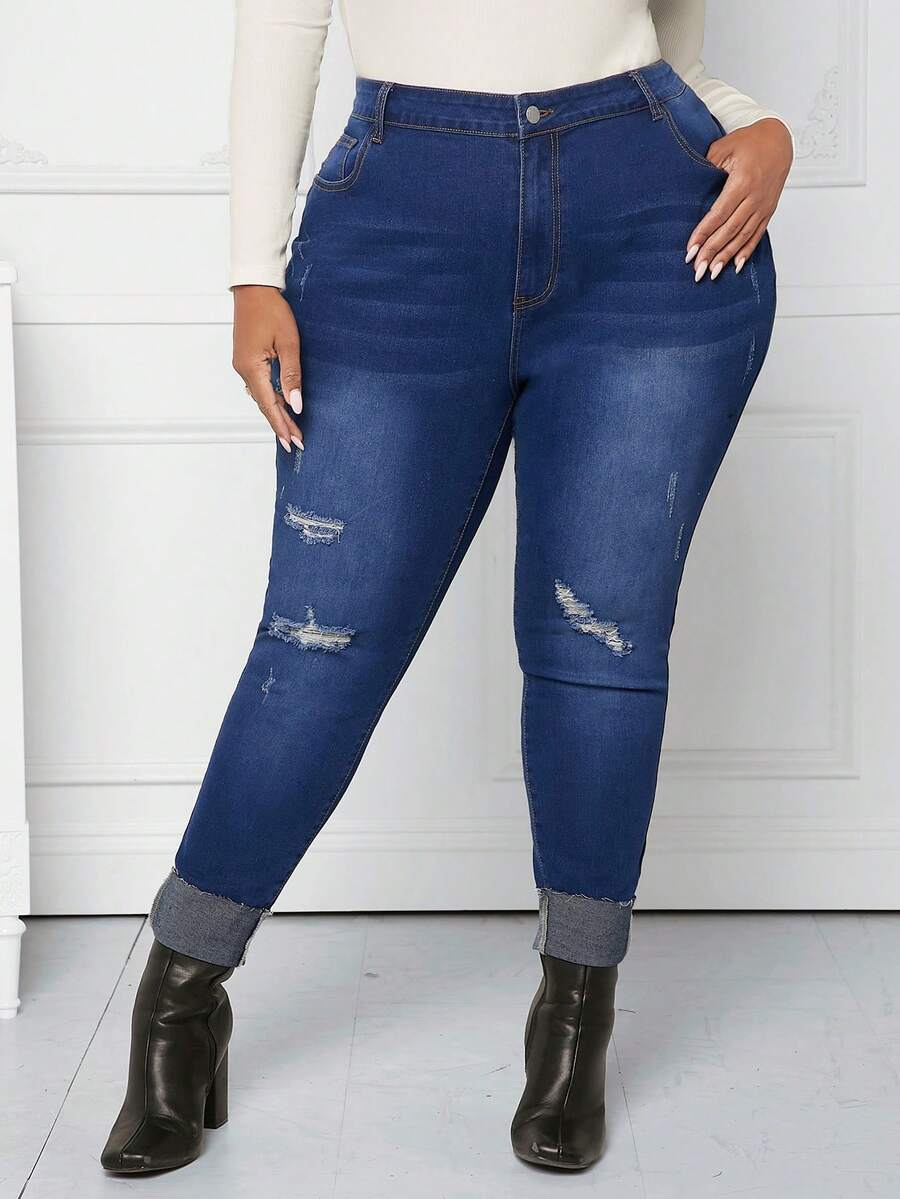 SHEIN CURVE+ Talla grande Jeans ajustados desgarro - Azul lavado oscuro - Ver 1