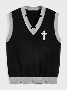 ROMWE MEN Goth Guys Cross Pattern Contrast Trim Sweater Vest - Black - View 1