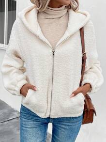 SHEIN LUNE Drop Shoulder Hooded Teddy Coat - White - View 5