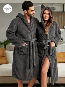 Hombres 1 pieza Bata con cinturón con capucha de peluche - Gris Oscuro - Ver 1