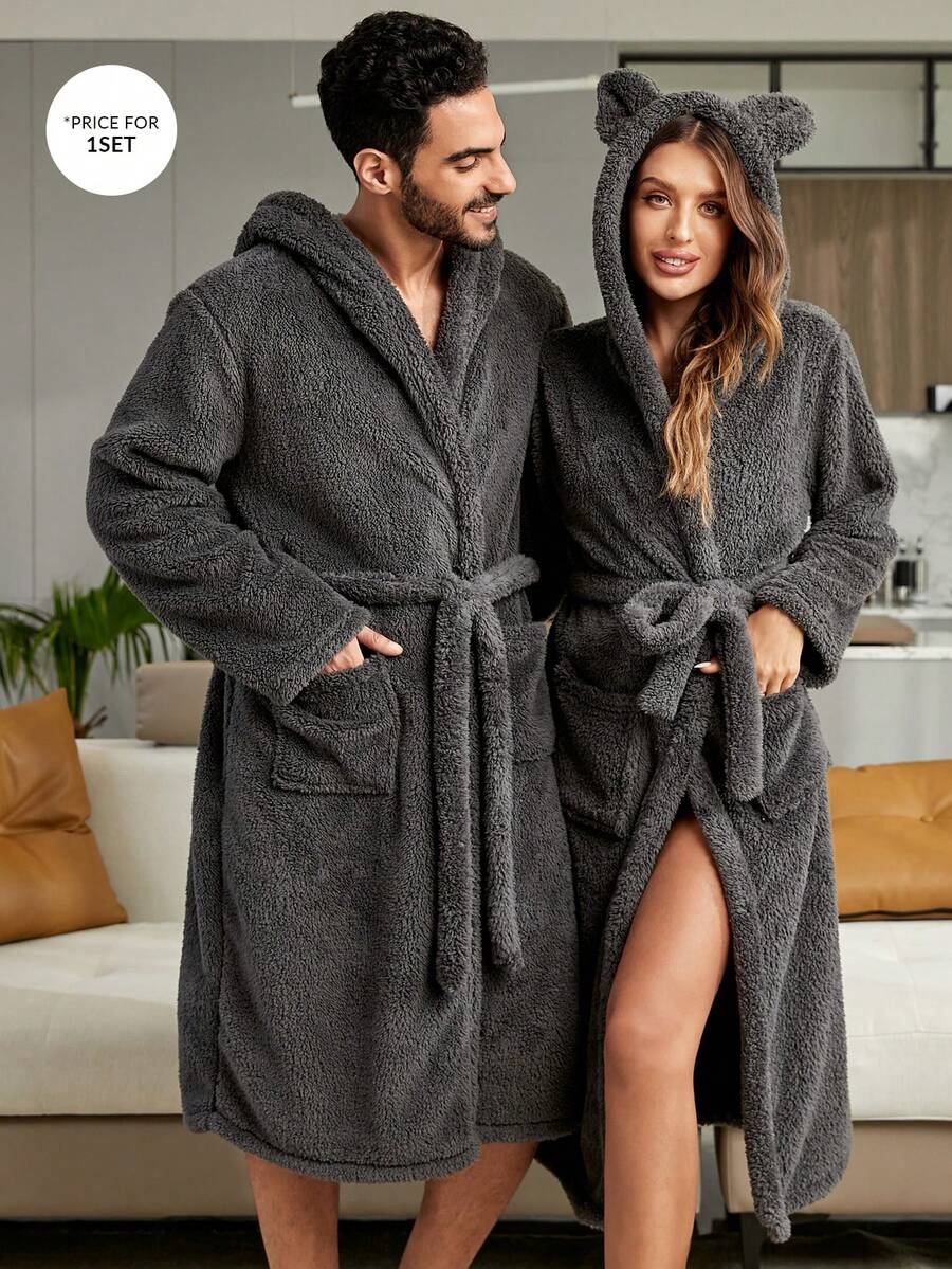 Hombres 1 pieza Bata con cinturón con capucha de peluche - Gris Oscuro - Ver 1