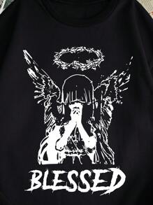 男士字母人物圖案加絨內裏運動衫 - 黑色 - 查看 5