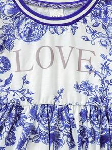 SHEIN 女嬰花和字母圖案荷葉邊洋裝和頭巾 - 藍色 - 查看 7