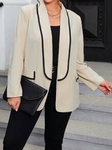 SHEIN Privé Plus Contrast Binding Open Front Blazer - Khaki - View 1