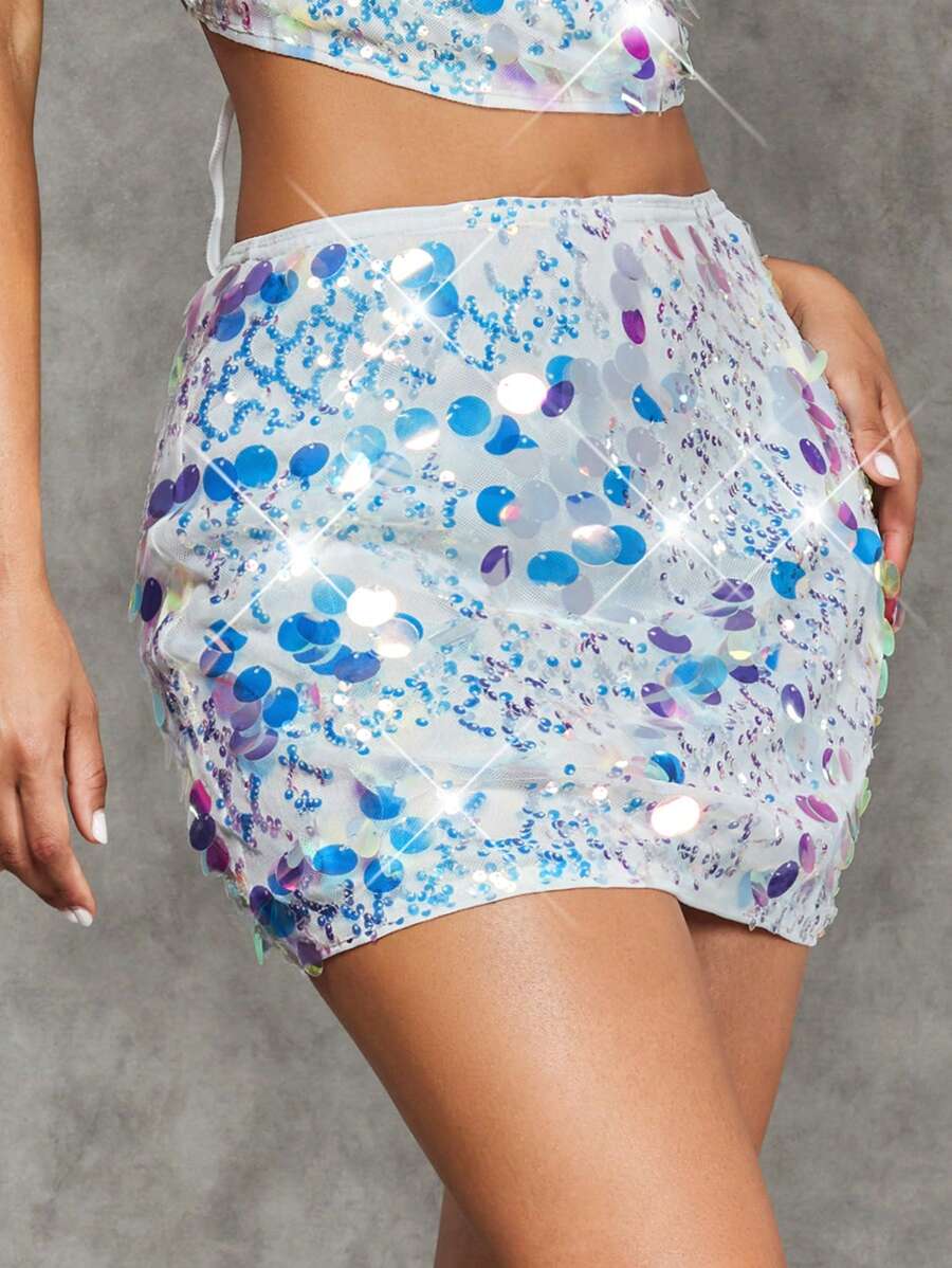 SHEIN BAE 聖誕亮片迷你緊身短裙 - 白色 - 查看 1