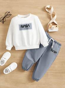 SHEIN 男嬰標語圖案運動衫&腰部抽繩長褲 - 藍白色 - 查看 1