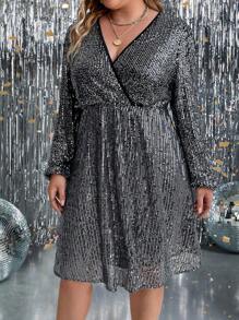 SHEIN Clasi Plus Surplice Neck Lantern Sleeve Sequin Dress
