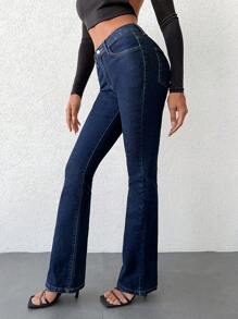 SHEIN Cottnline Women's High Waist Skinny Flared Jeans - Dark Wash - View 5