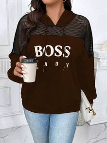 Calvaya 休閒網拼接 抽繩 口袋字母大碼運動衫 - 棕色 - 查看 5