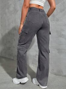 SHEIN Tall 翻蓋口袋工裝牛仔褲 - 灰色 - 查看 2