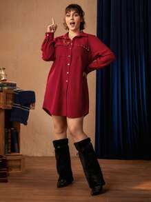 HARRY POTTER X SHEIN 字母圖案襯衫裙（大尺寸） - 酒紅色 - 查看 7