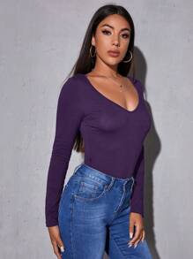 SHEIN Essnce 素色大圓領修身T恤 - 紫羅蘭色 - 查看 4