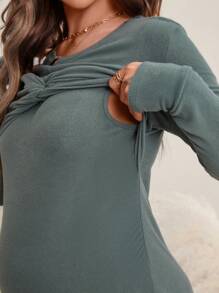 SHEIN Maternity Twist Front Nursing Tee - Green - View 3