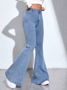 SHEIN EZwear 牛仔喇叭褲 - 淺色水洗藍 - 查看 4