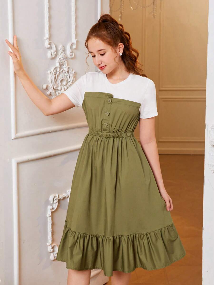 SHEIN Chica adolescente Vestido de dos tonos bajo con fruncido - Verde militar - Ver 1